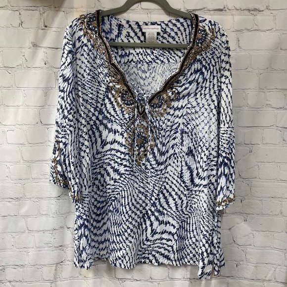 Soft Surroundings beaded neck & sleeves tie dye look medium tunic top - Picture 1 of 9